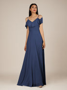 KissDress-Junessa Navy A Line Off the Shoulder Chiffon Long Bridesmaid Dress with Ruffles