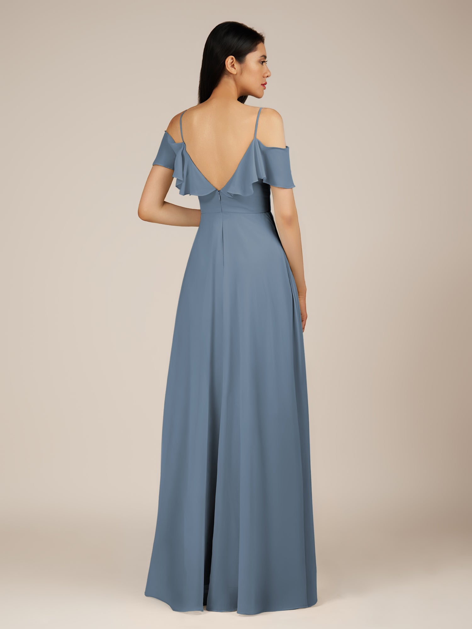 KissDress-Junessa Neptune A Line Off the Shoulder Chiffon Long Bridesmaid Dress with Ruffles