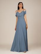 KissDress-Junessa Neptune A Line Off the Shoulder Chiffon Long Bridesmaid Dress with Ruffles