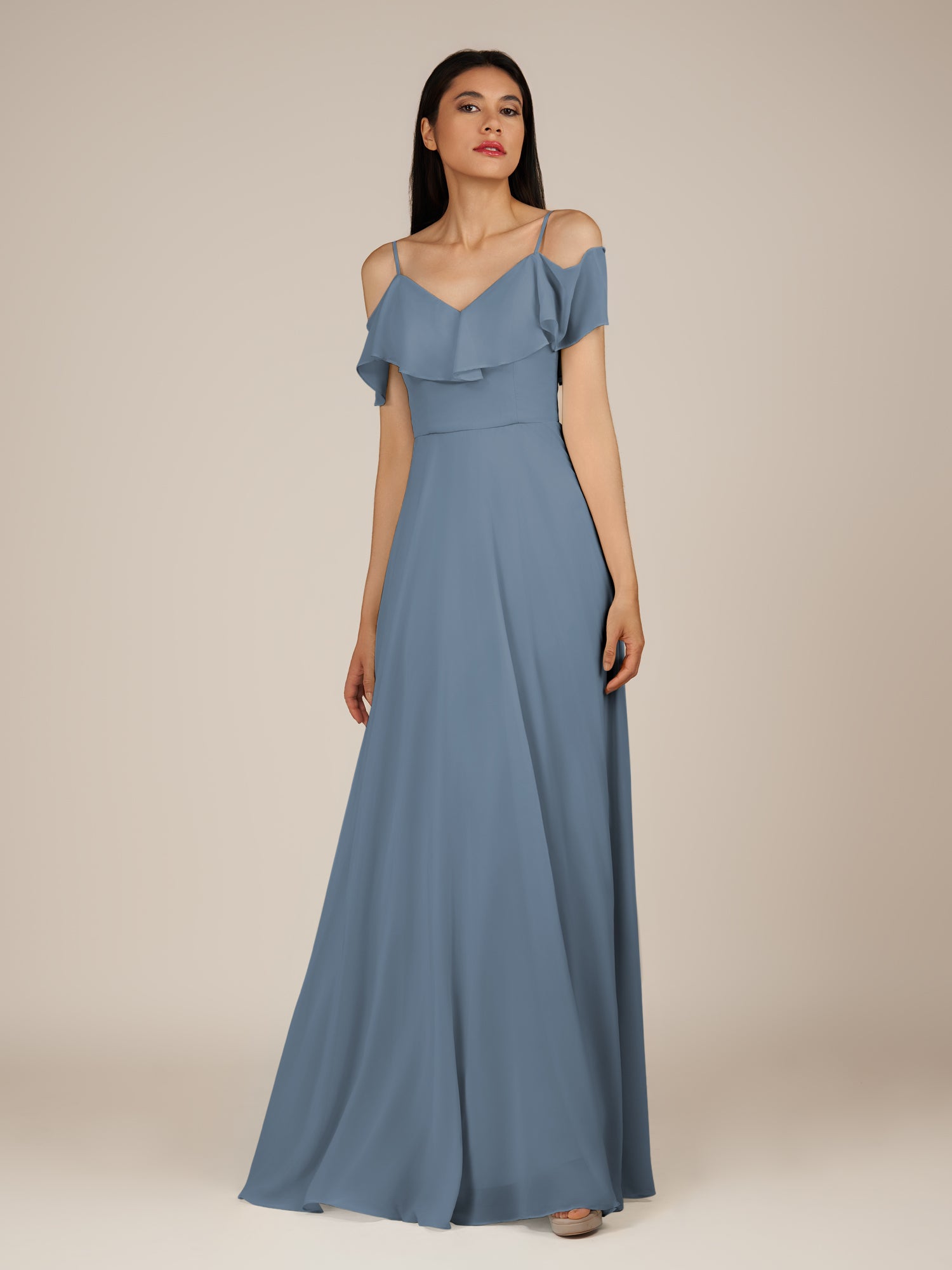 KissDress-Junessa Neptune A Line Off the Shoulder Chiffon Long Bridesmaid Dress with Ruffles