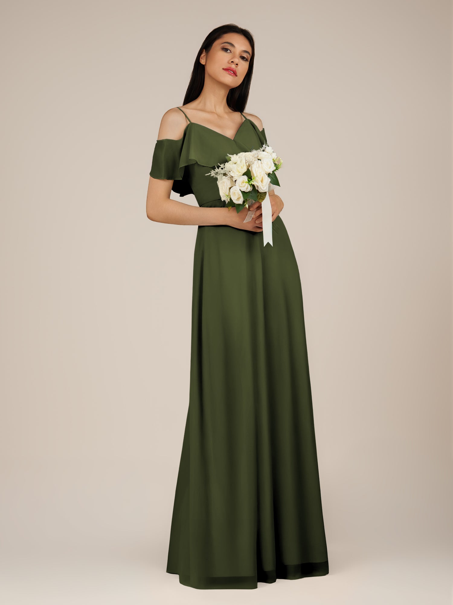 KissDress-Junessa Olive A Line Off the Shoulder Chiffon Long Bridesmaid Dress with Ruffles