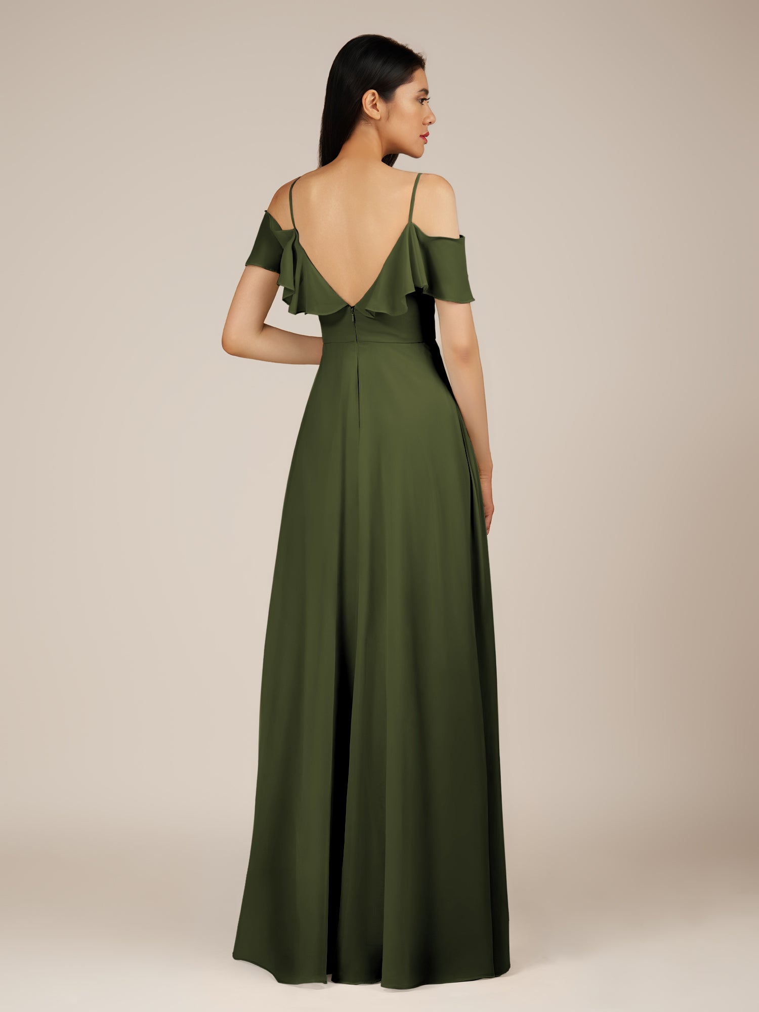 KissDress-Junessa Olive A Line Off the Shoulder Chiffon Long Bridesmaid Dress with Ruffles