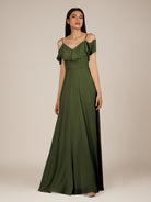KissDress-Junessa Olive A Line Off the Shoulder Chiffon Long Bridesmaid Dress with Ruffles