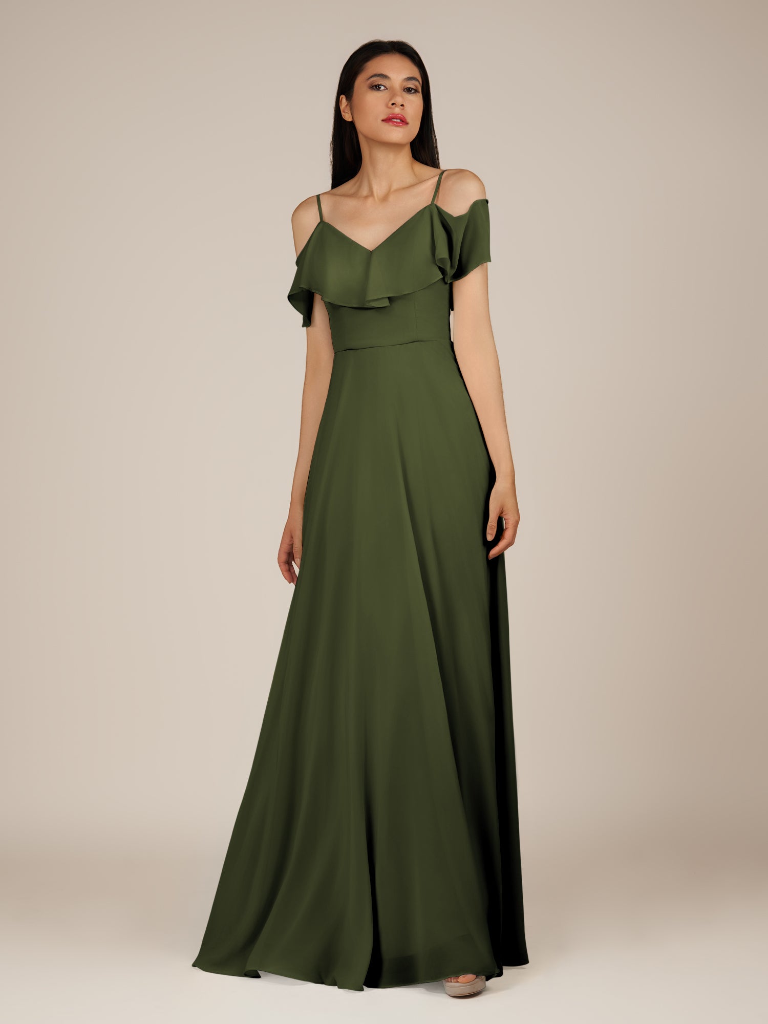 KissDress-Junessa Olive A Line Off the Shoulder Chiffon Long Bridesmaid Dress with Ruffles