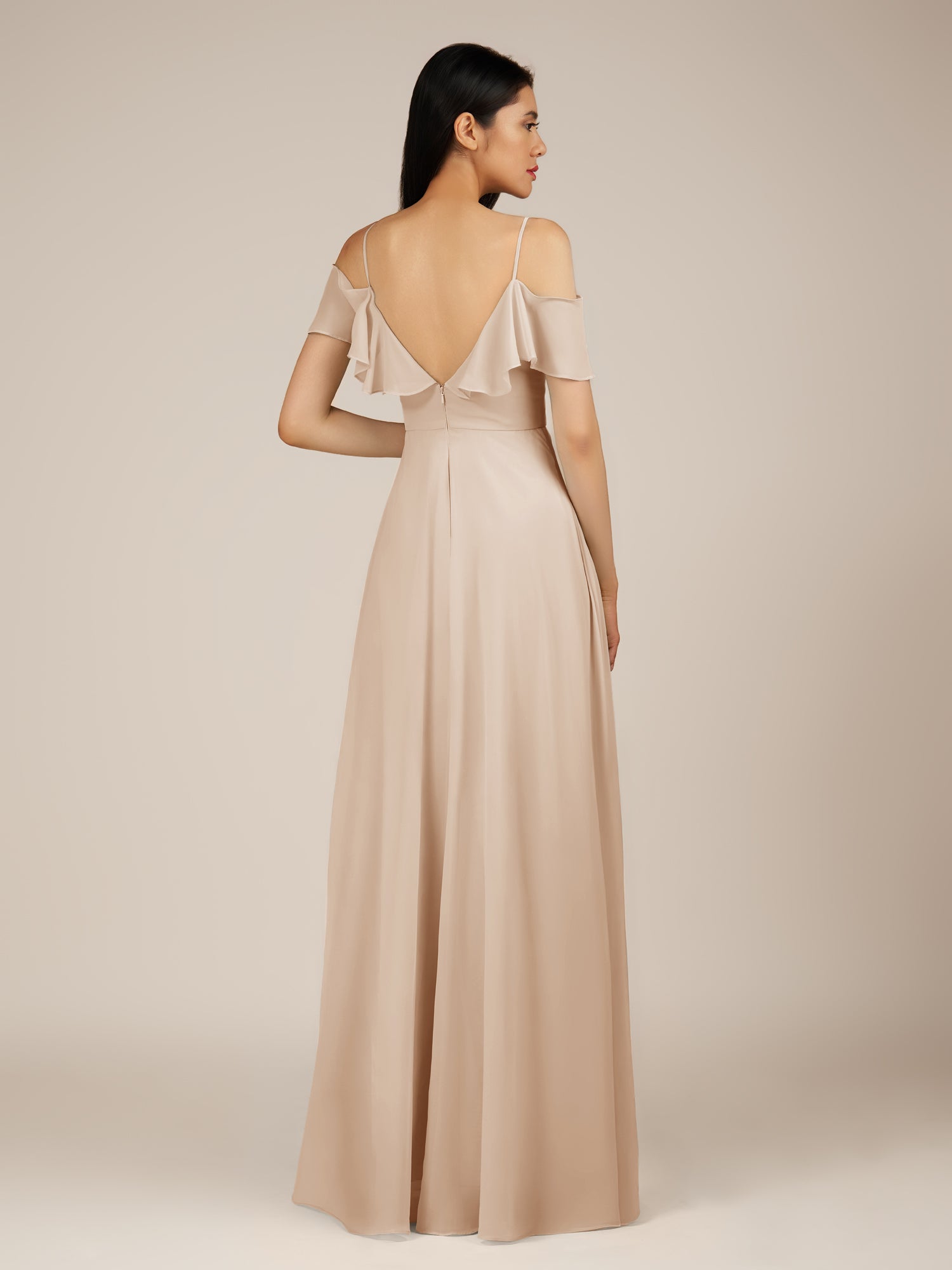 KissDress-Junessa Pale Blush A Line Off the Shoulder Chiffon Long Bridesmaid Dress with Ruffles