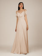 KissDress-Junessa Pale Blush A Line Off the Shoulder Chiffon Long Bridesmaid Dress with Ruffles