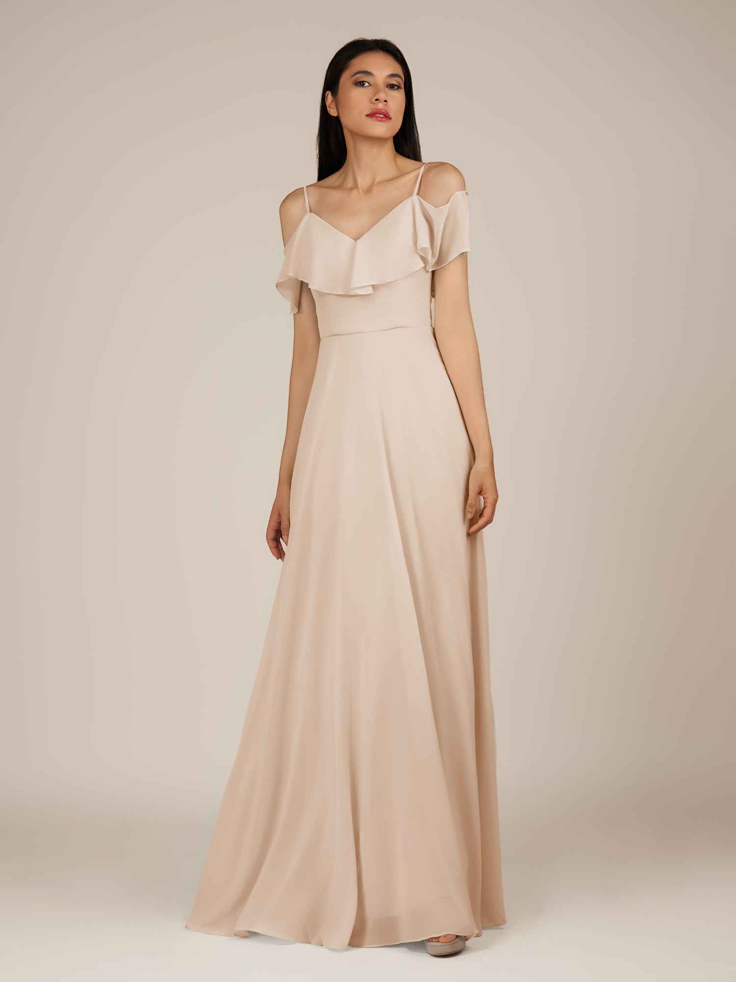 KissDress-Junessa Pale Blush A Line Off the Shoulder Chiffon Long Bridesmaid Dress with Ruffles