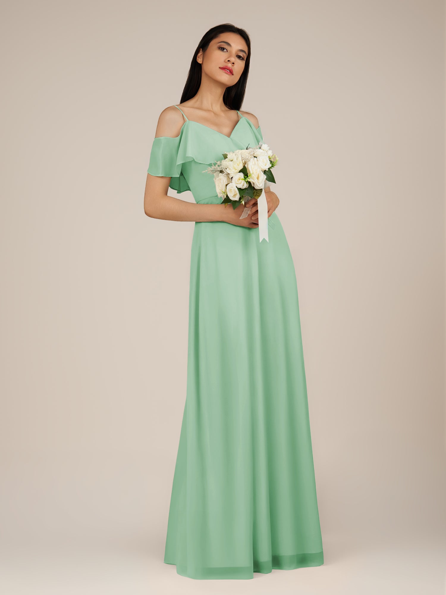KissDress-Junessa Pale Pistachio A Line Off the Shoulder Chiffon Long Bridesmaid Dress with Ruffles