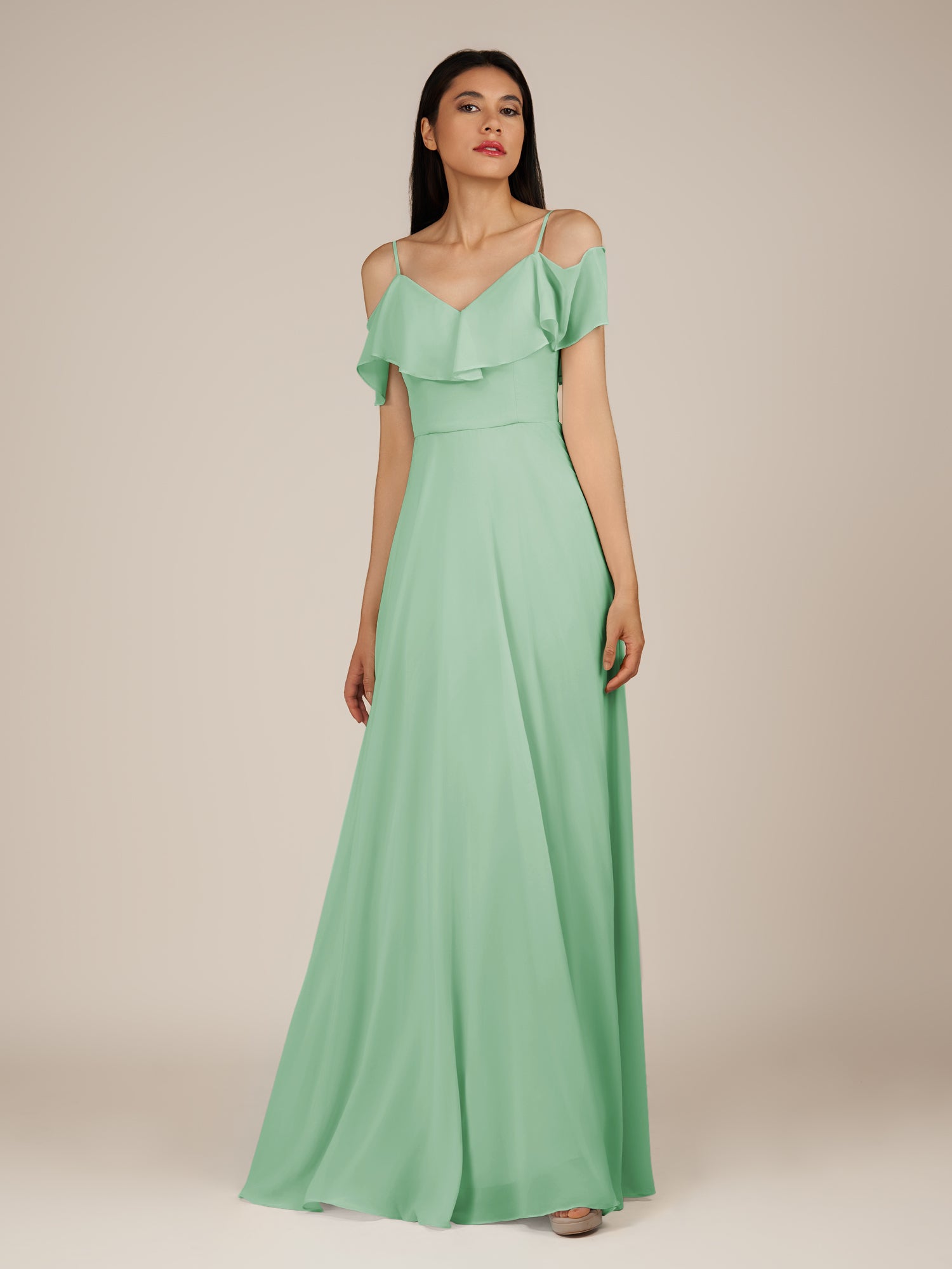 KissDress-Junessa Pale Pistachio A Line Off the Shoulder Chiffon Long Bridesmaid Dress with Ruffles