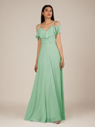 KissDress-Junessa Pale Pistachio A Line Off the Shoulder Chiffon Long Bridesmaid Dress with Ruffles