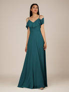 KissDress-Junessa Pine A Line Off the Shoulder Chiffon Long Bridesmaid Dress with Ruffles