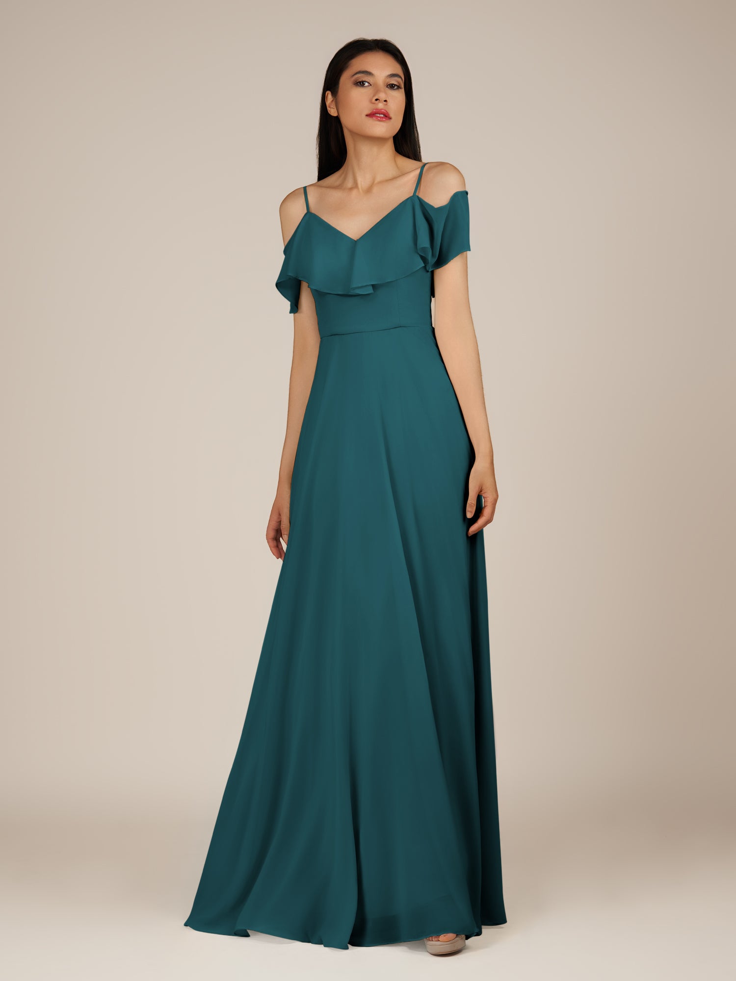 KissDress-Junessa Pine A Line Off the Shoulder Chiffon Long Bridesmaid Dress with Ruffles