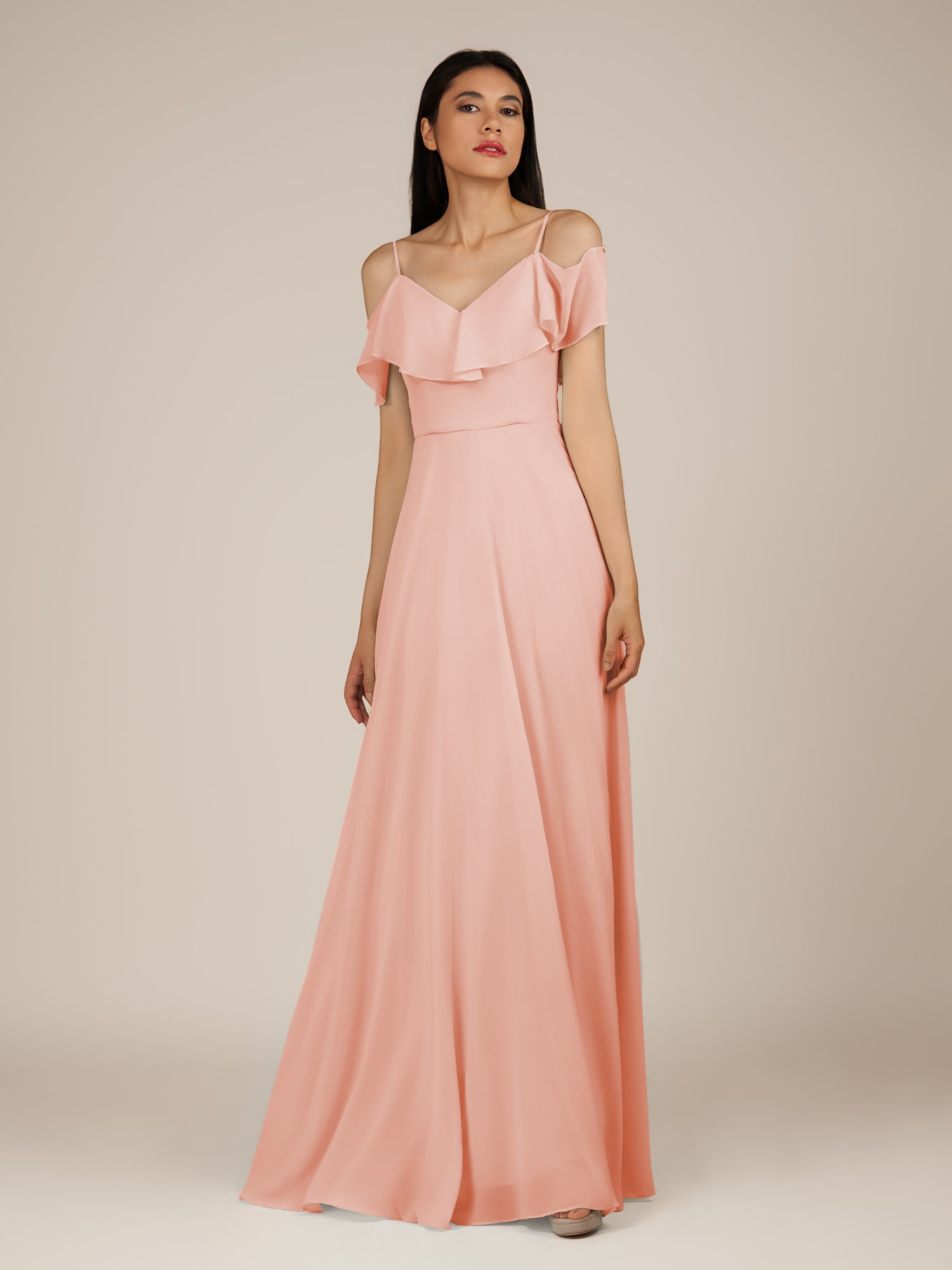 KissDress-Junessa Rose Petal A Line Off the Shoulder Chiffon Long Bridesmaid Dress with Ruffles