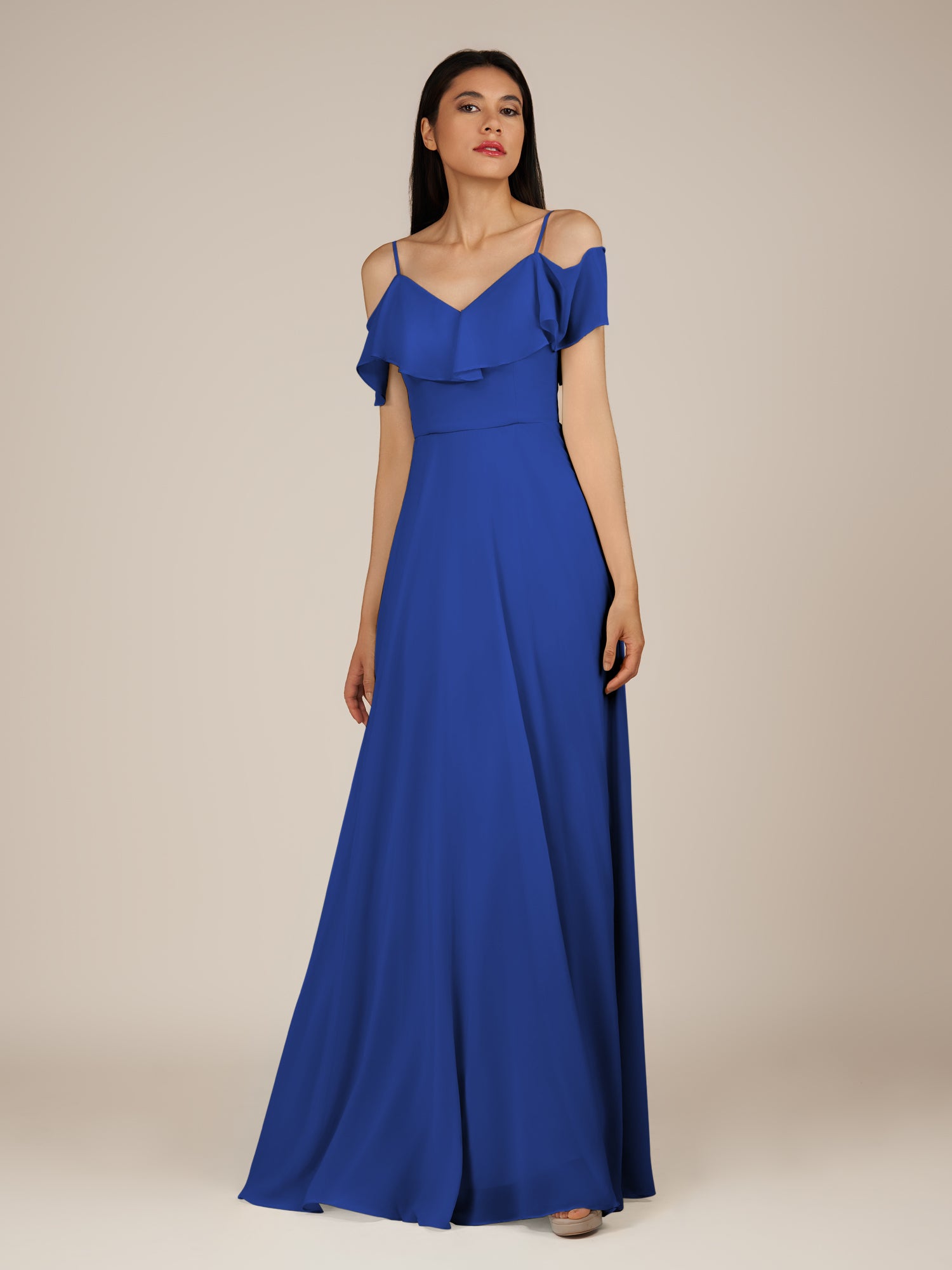 KissDress-Junessa Royal Blue A Line Off the Shoulder Chiffon Long Bridesmaid Dress with Ruffles