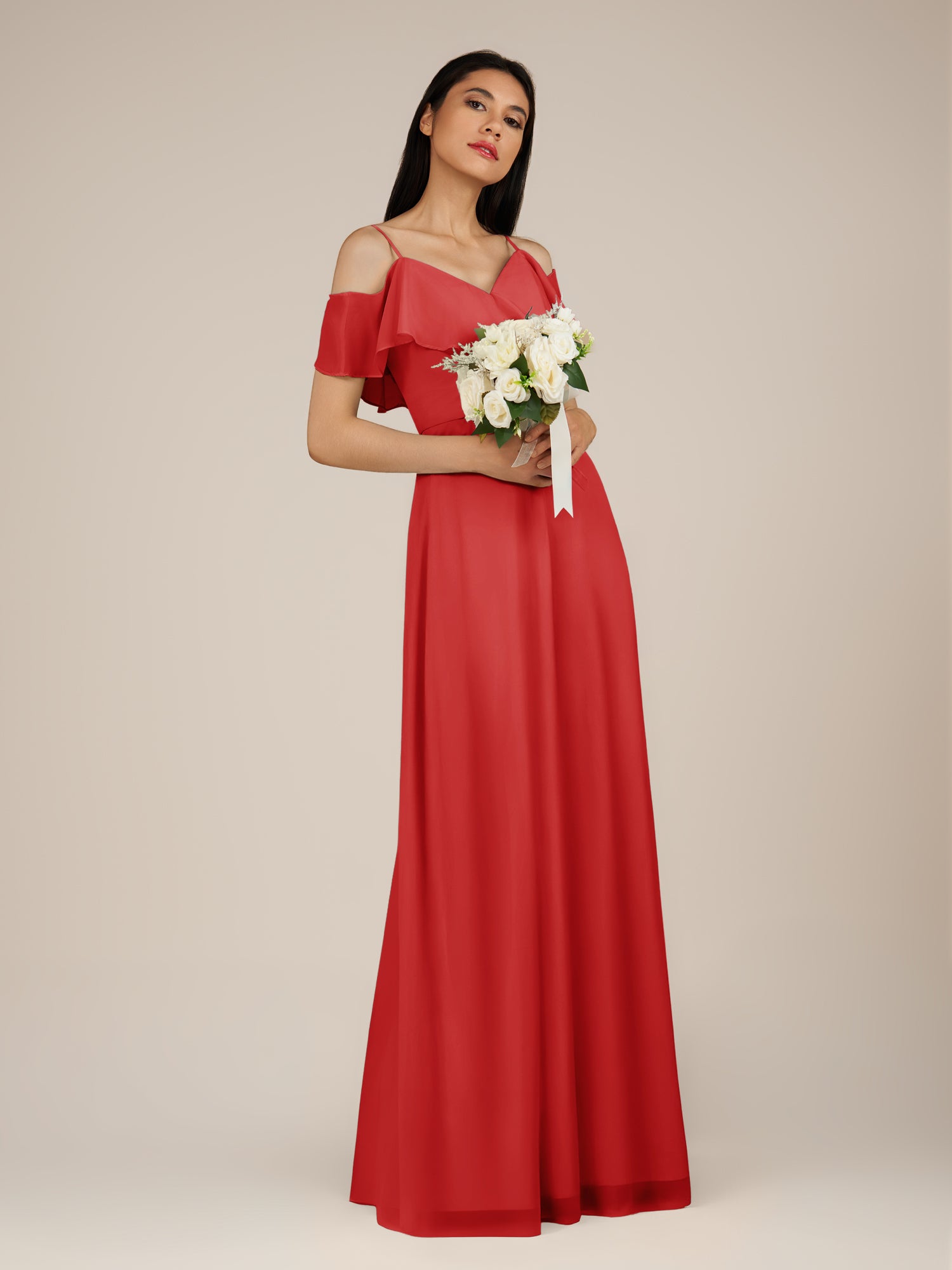 KissDress-Junessa Ruby Red A Line Off the Shoulder Chiffon Long Bridesmaid Dress with Ruffles