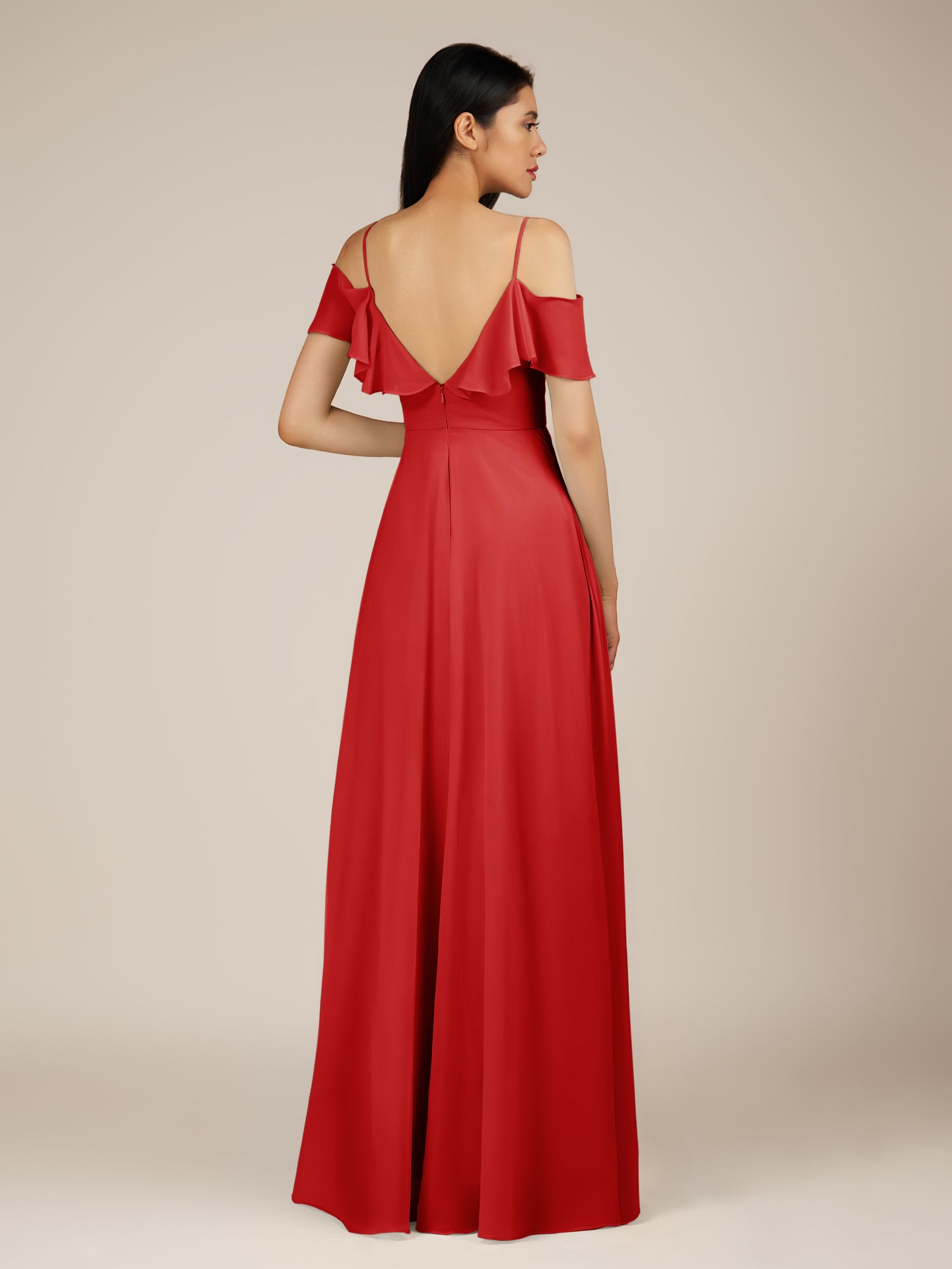 KissDress-Junessa Ruby Red A Line Off the Shoulder Chiffon Long Bridesmaid Dress with Ruffles