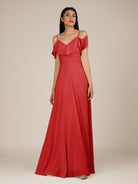 KissDress-Junessa Ruby Red A Line Off the Shoulder Chiffon Long Bridesmaid Dress with Ruffles