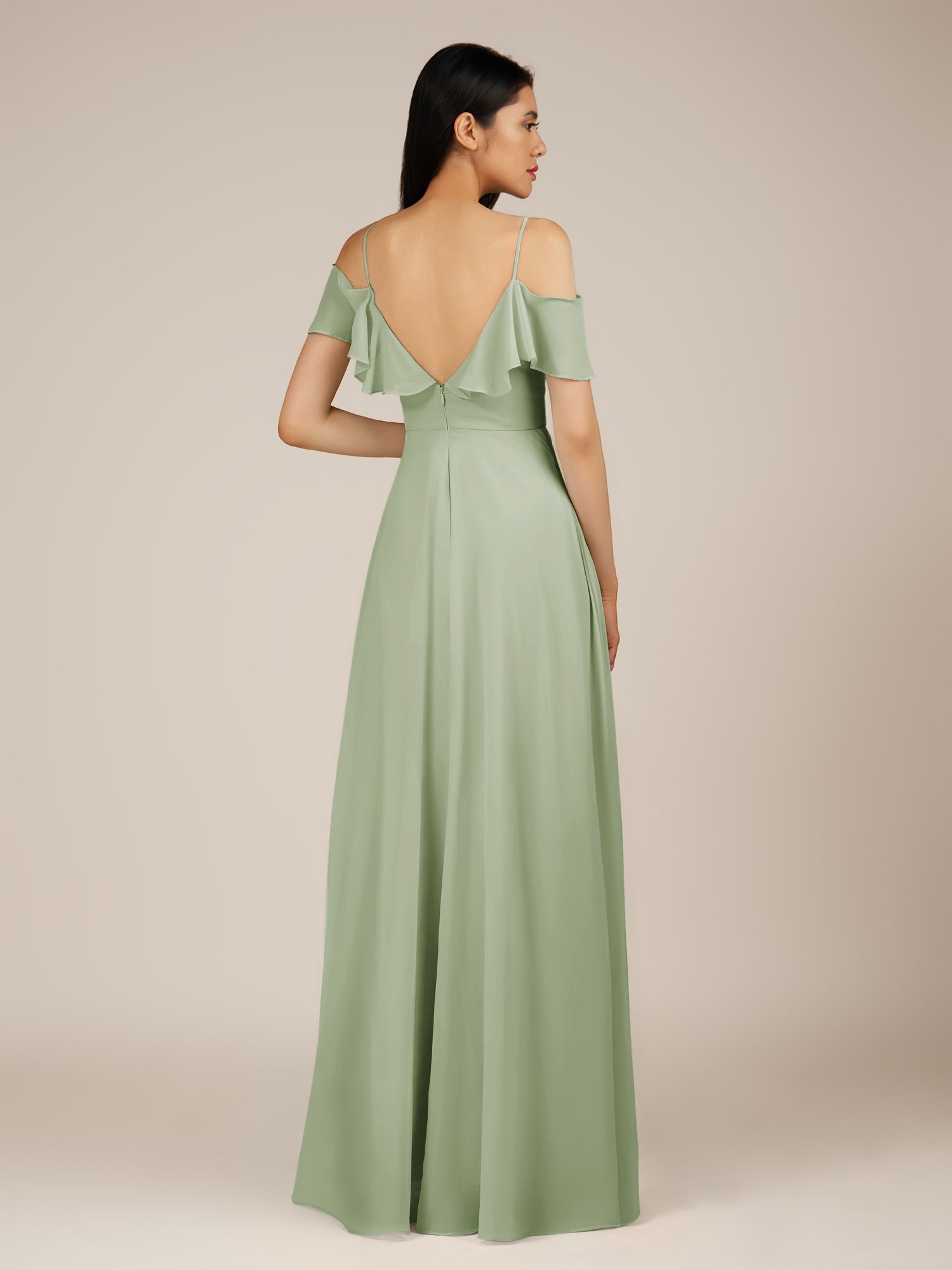 KissDress-Junessa Sage A Line Off the Shoulder Chiffon Long Bridesmaid Dress with Ruffles
