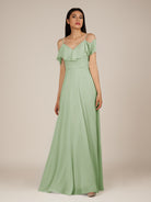 KissDress-Junessa Sage A Line Off the Shoulder Chiffon Long Bridesmaid Dress with Ruffles