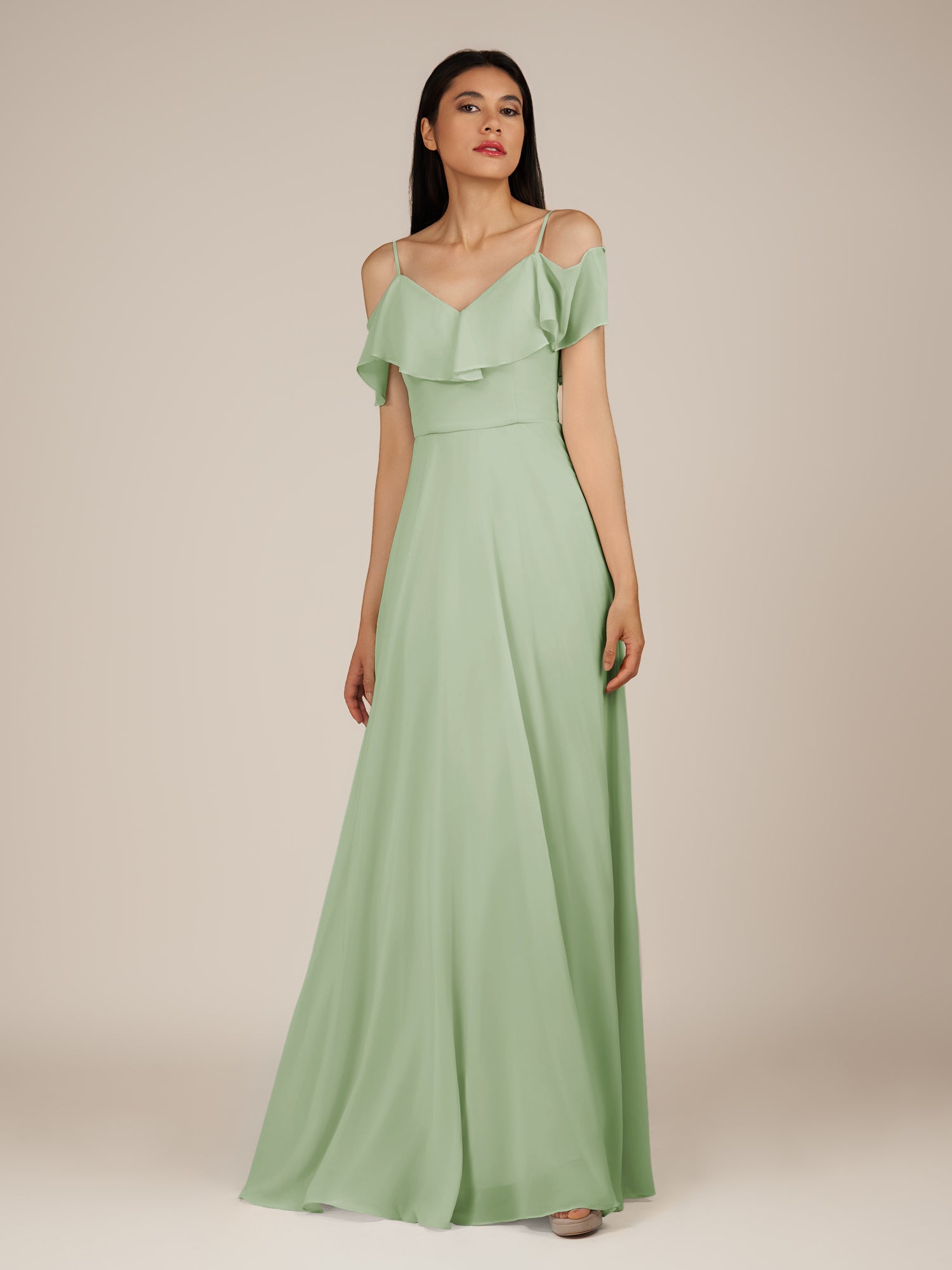 KissDress-Junessa Sage A Line Off the Shoulder Chiffon Long Bridesmaid Dress with Ruffles