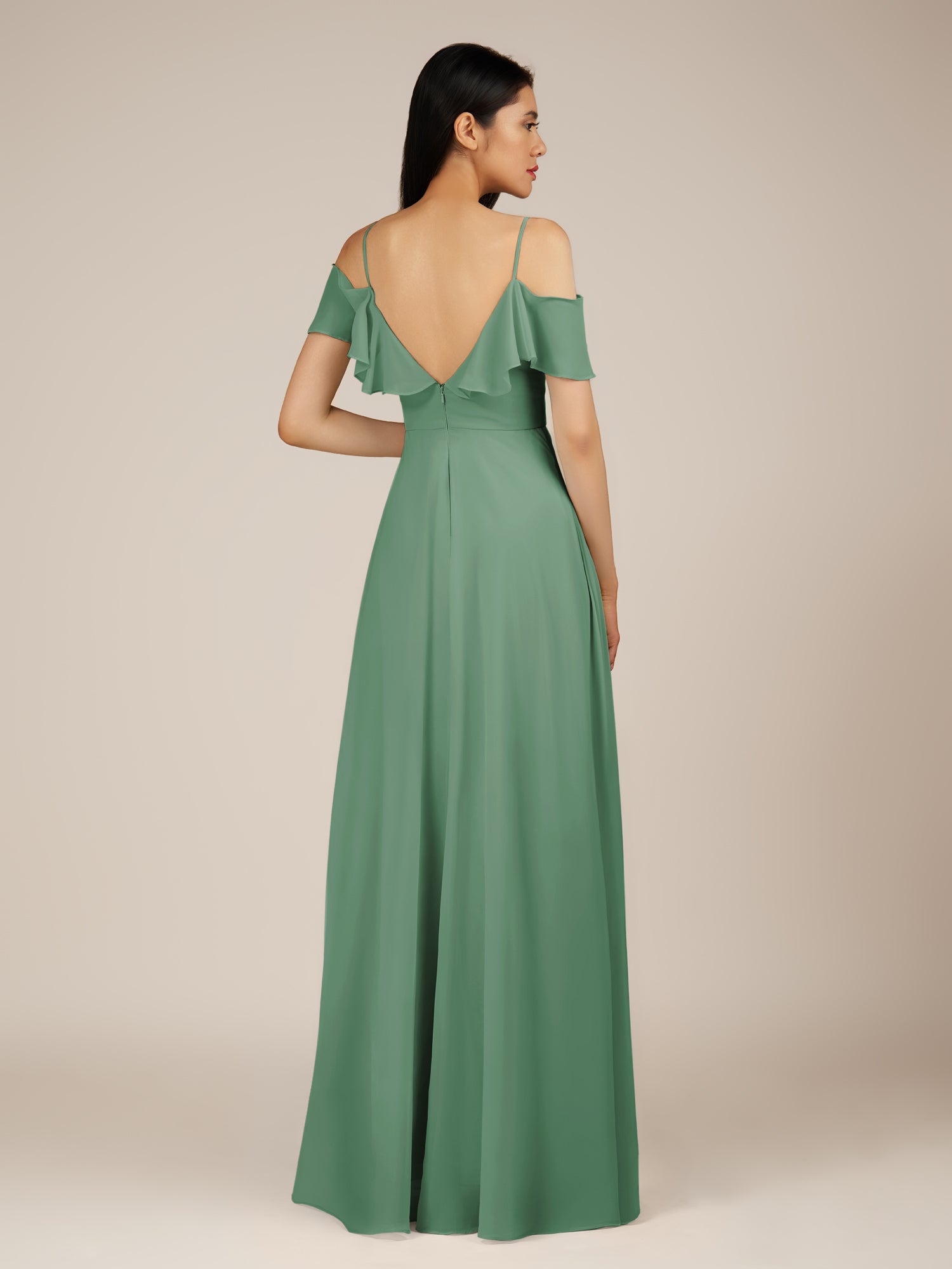 KissDress-Junessa Sea Glass A Line Off the Shoulder Chiffon Long Bridesmaid Dress with Ruffles