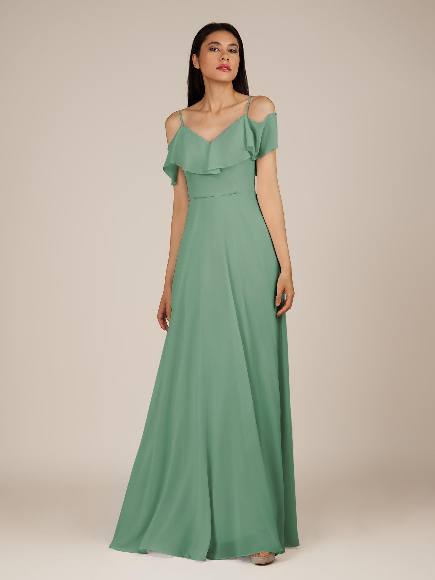 KissDress-Junessa Sea Glass A Line Off the Shoulder Chiffon Long Bridesmaid Dress with Ruffles