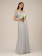 KissDress-Junessa Silver A Line Off the Shoulder Chiffon Long Bridesmaid Dress with Ruffles