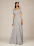 KissDress-Junessa Silver A Line Off the Shoulder Chiffon Long Bridesmaid Dress with Ruffles