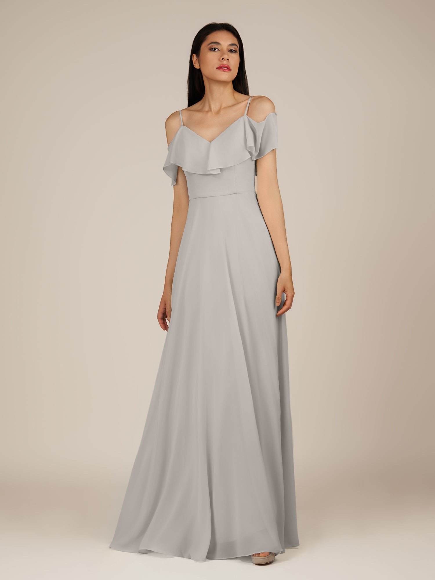 KissDress-Junessa Silver A Line Off the Shoulder Chiffon Long Bridesmaid Dress with Ruffles