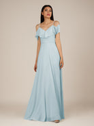 KissDress-Junessa Sky Blue A Line Off the Shoulder Chiffon Long Bridesmaid Dress with Ruffles