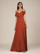 KissDress-Junessa Spice A Line Off the Shoulder Chiffon Long Bridesmaid Dress with Ruffles