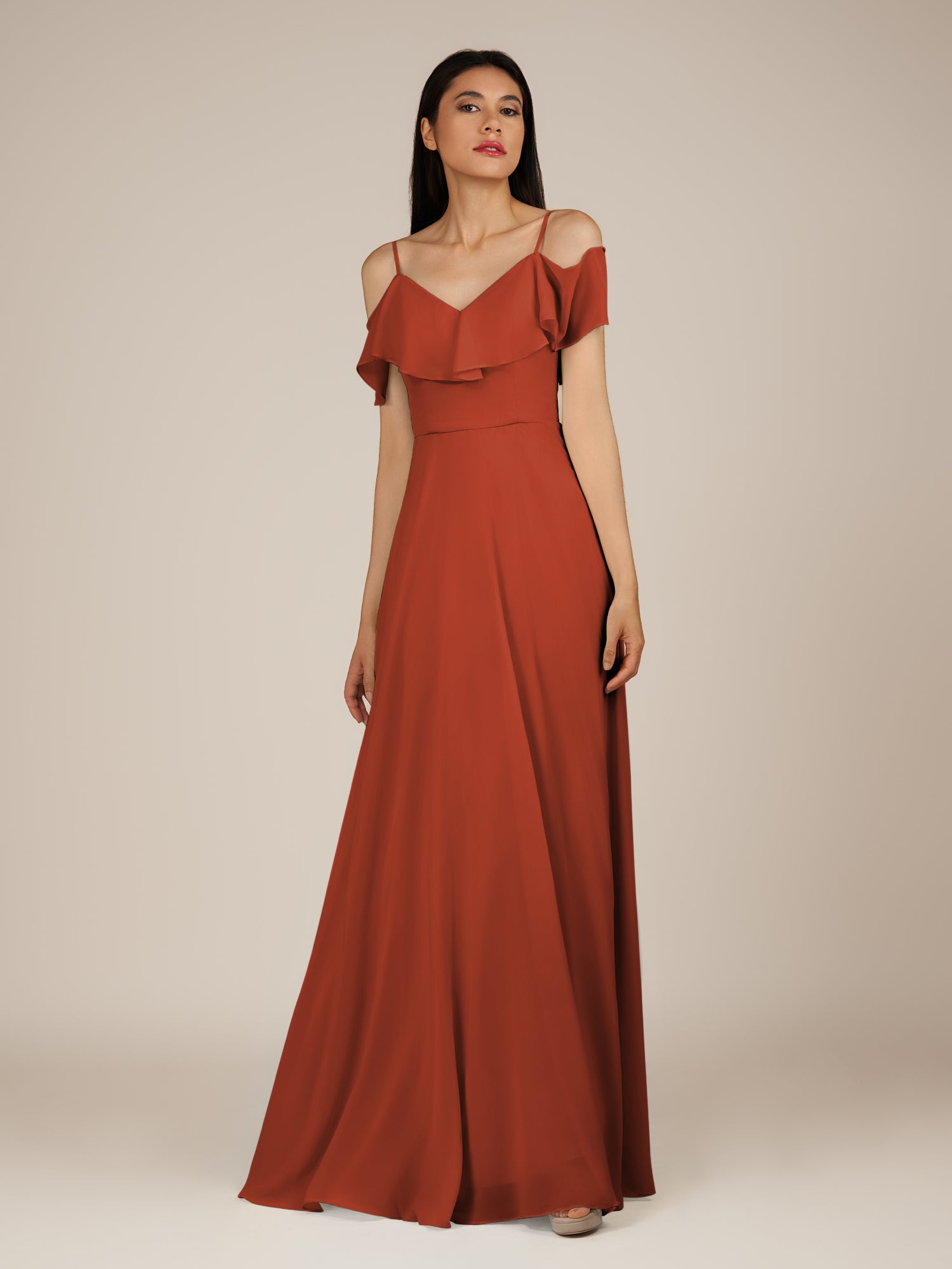 KissDress-Junessa Spice A Line Off the Shoulder Chiffon Long Bridesmaid Dress with Ruffles