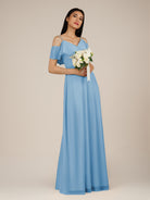 KissDress-Junessa Steel Blue A Line Off the Shoulder Chiffon Long Bridesmaid Dress with Ruffles
