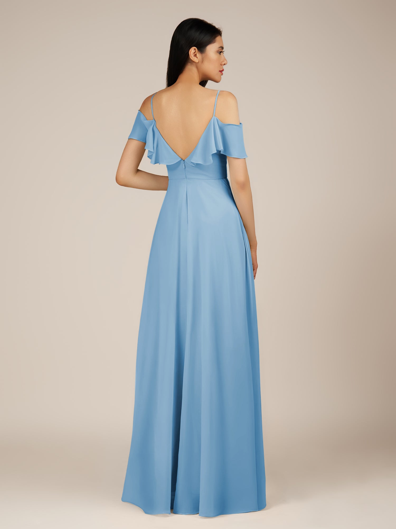 KissDress-Junessa Steel Blue A Line Off the Shoulder Chiffon Long Bridesmaid Dress with Ruffles