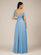KissDress-Junessa Steel Blue A Line Off the Shoulder Chiffon Long Bridesmaid Dress with Ruffles