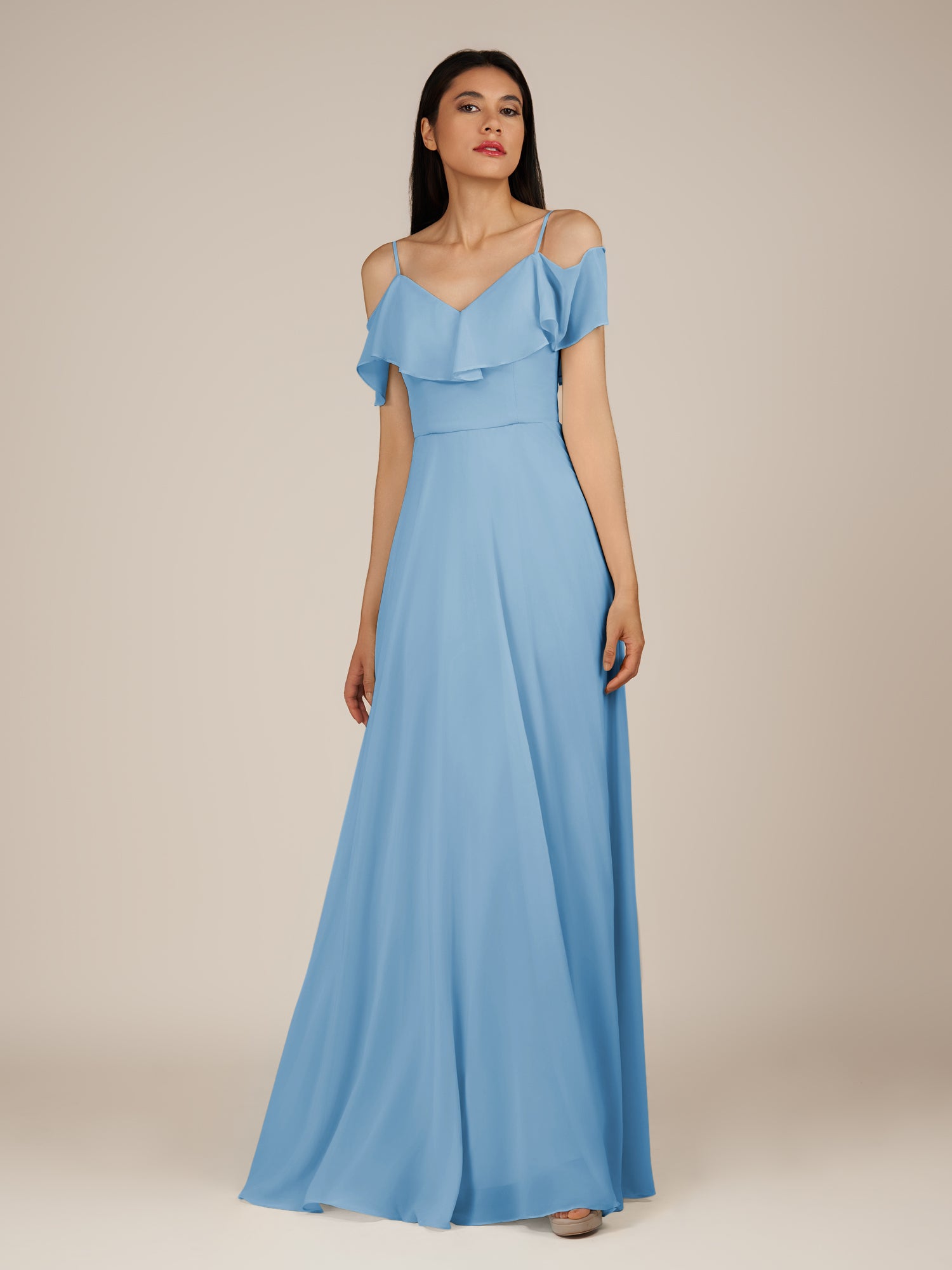 KissDress-Junessa Steel Blue A Line Off the Shoulder Chiffon Long Bridesmaid Dress with Ruffles