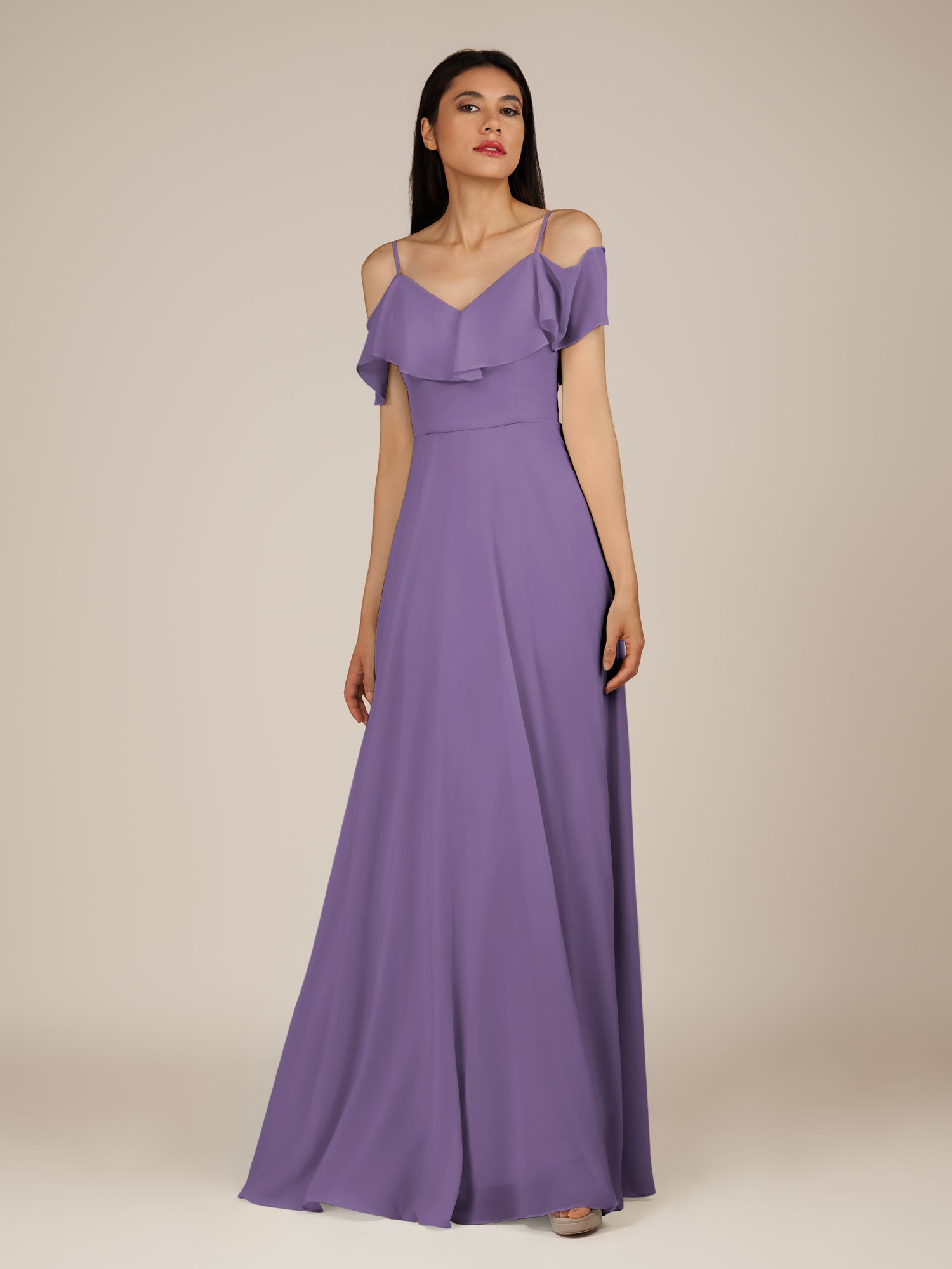 KissDress-Junessa Tahiti A Line Off the Shoulder Chiffon Long Bridesmaid Dress with Ruffles
