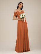 KissDress-Junessa Terracotta A Line Off the Shoulder Chiffon Long Bridesmaid Dress with Ruffles
