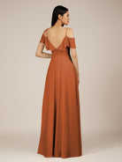 KissDress-Junessa Terracotta A Line Off the Shoulder Chiffon Long Bridesmaid Dress with Ruffles