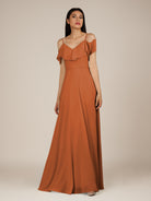 KissDress-Junessa Terracotta A Line Off the Shoulder Chiffon Long Bridesmaid Dress with Ruffles