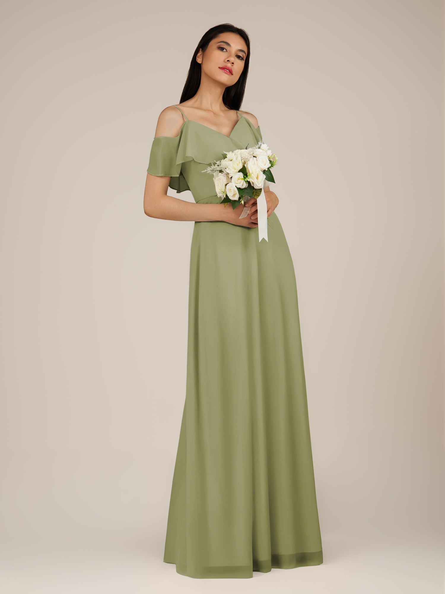 KissDress-Junessa Thyme A Line Off the Shoulder Chiffon Long Bridesmaid Dress with Ruffles