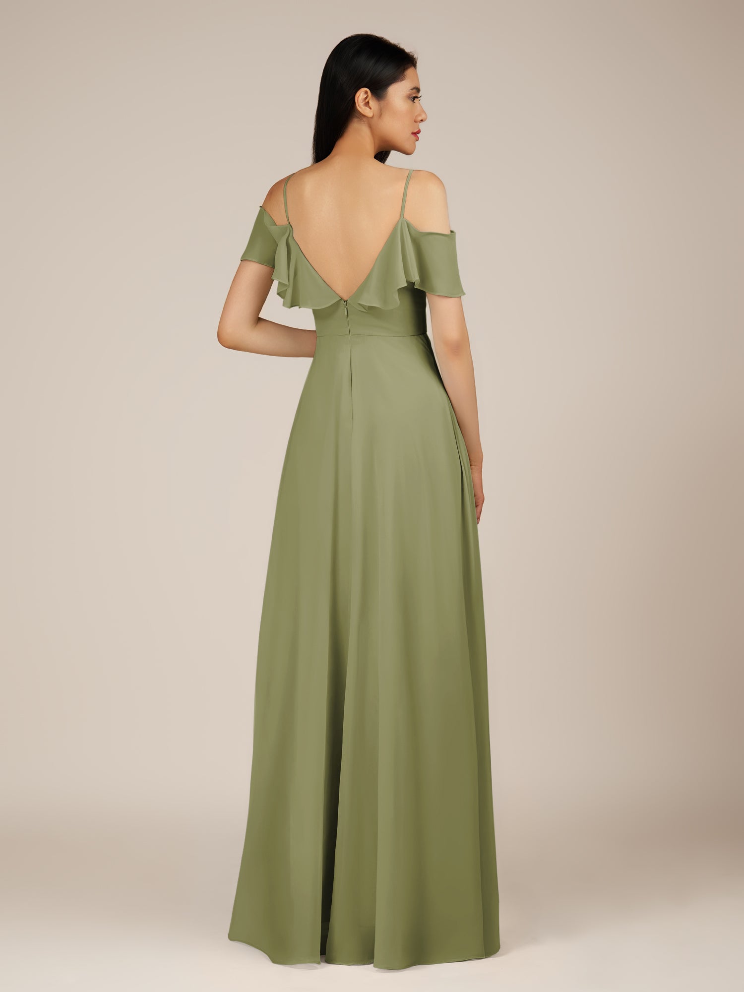 KissDress-Junessa Thyme A Line Off the Shoulder Chiffon Long Bridesmaid Dress with Ruffles