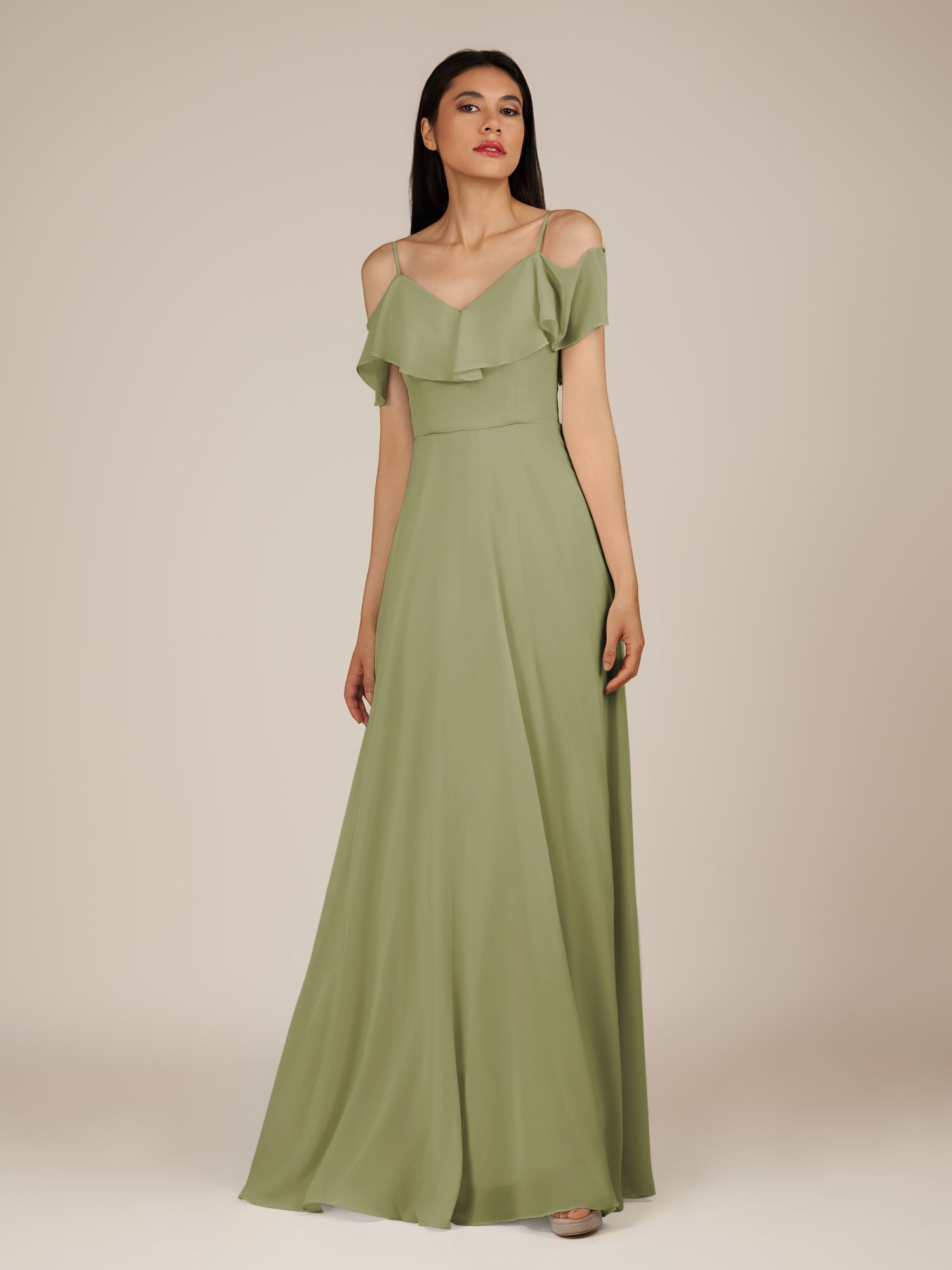 KissDress-Junessa Thyme A Line Off the Shoulder Chiffon Long Bridesmaid Dress with Ruffles