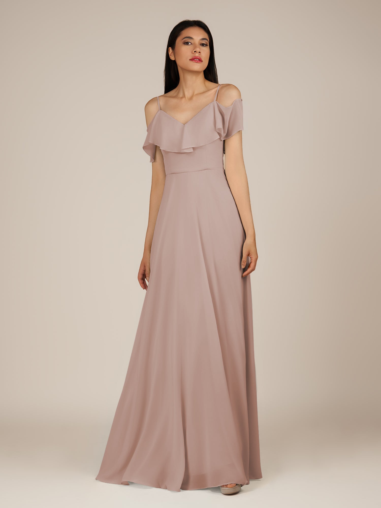 KissDress-Junessa Toffee A Line Off the Shoulder Chiffon Long Bridesmaid Dress with Ruffles