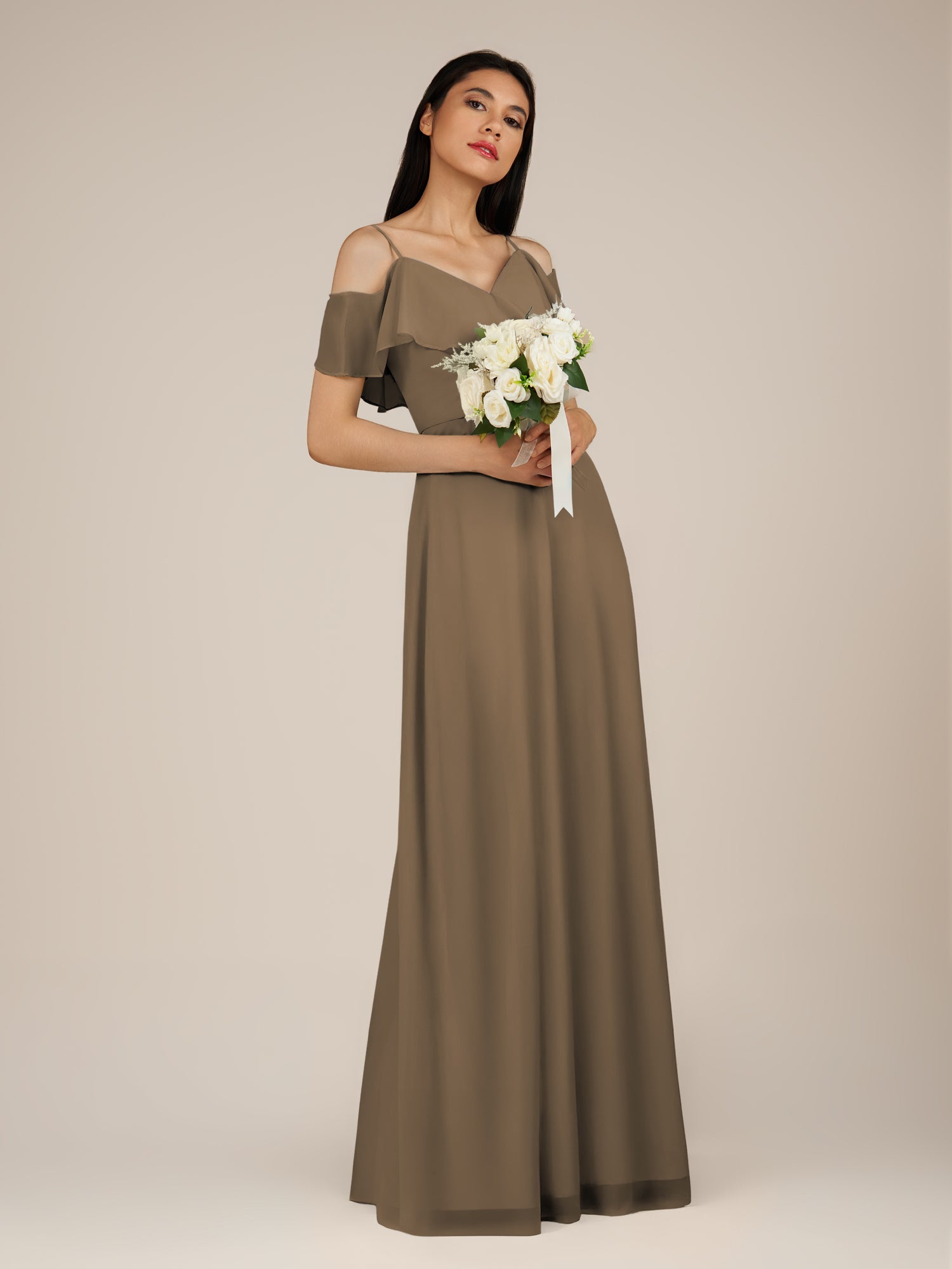 KissDress-Junessa Willow Green A Line Off the Shoulder Chiffon Long Bridesmaid Dress with Ruffles