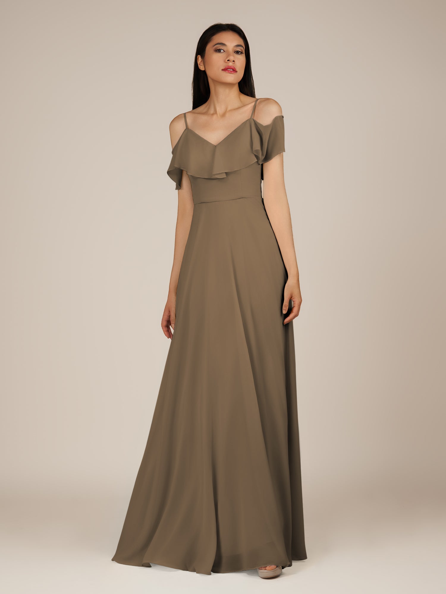 KissDress-Junessa Willow Green A Line Off the Shoulder Chiffon Long Bridesmaid Dress with Ruffles