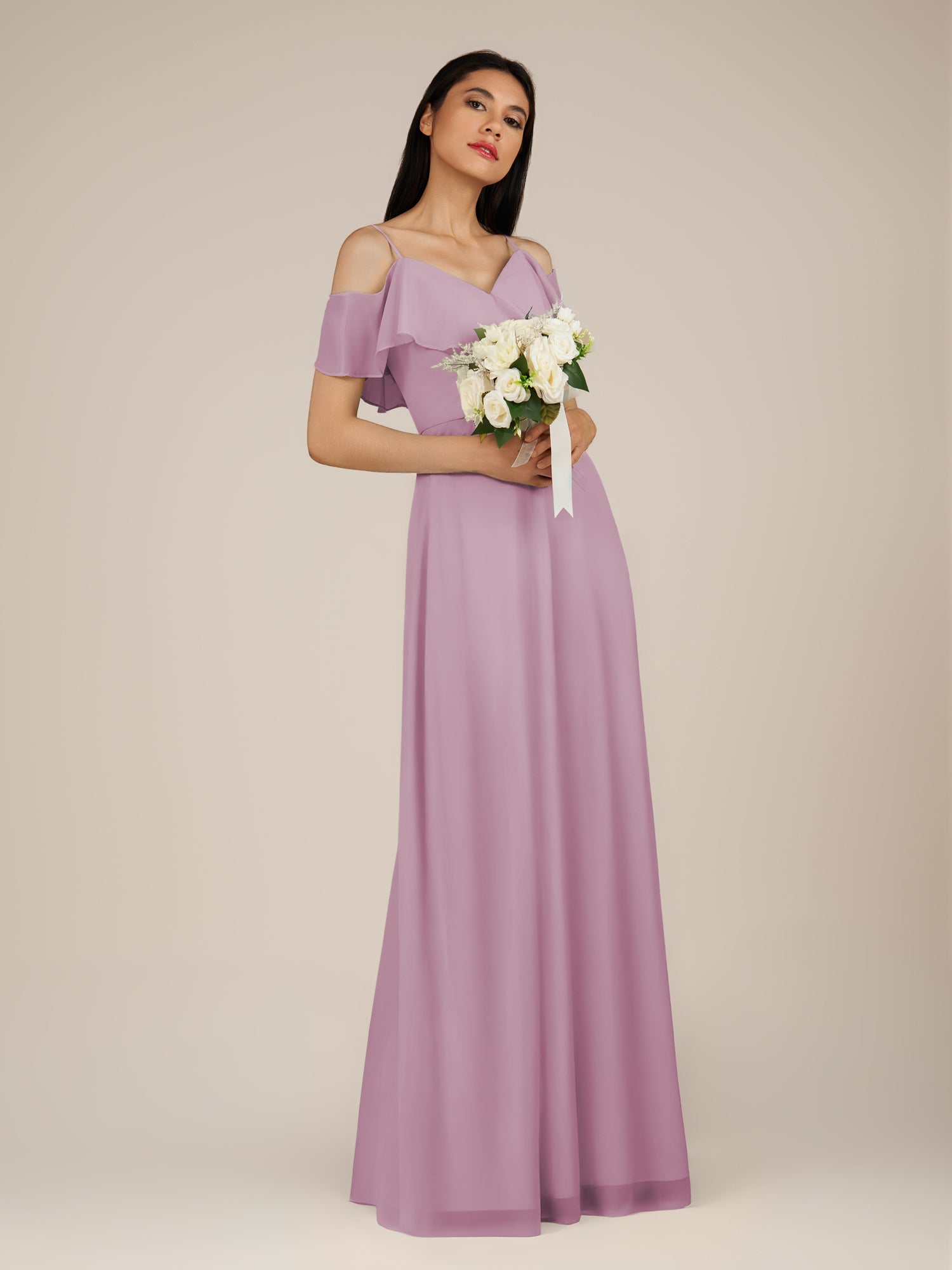 KissDress-Junessa Wisteria A Line Off the Shoulder Chiffon Long Bridesmaid Dress with Ruffles