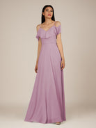 KissDress-Junessa Wisteria A Line Off the Shoulder Chiffon Long Bridesmaid Dress with Ruffles
