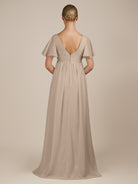 KissDress-Junia Almond A Line V Neck Chiffon Cap Sleeves Long Bridesmaid Dress with Slit