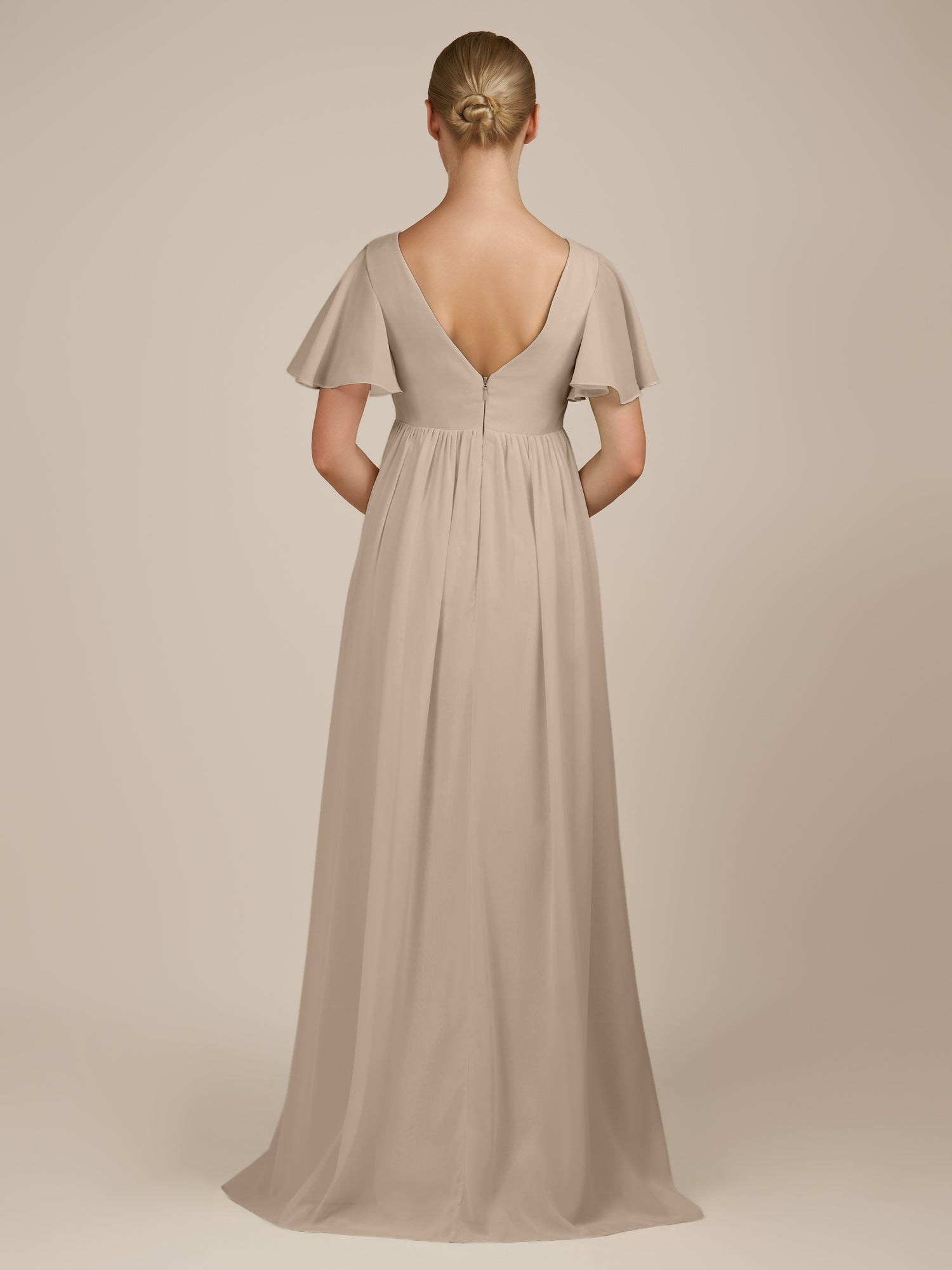 KissDress-Junia Almond A Line V Neck Chiffon Cap Sleeves Long Bridesmaid Dress with Slit